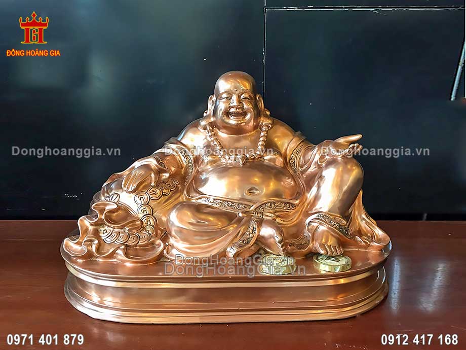 Pho tượng Phật Di Lặc ngồi dựa bị tiền bằng đồng đỏ nguyên chất